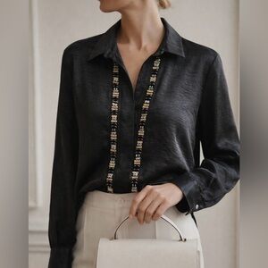 Eureka by Christos Garkinos Black Rhinestone Embellished Blouse L